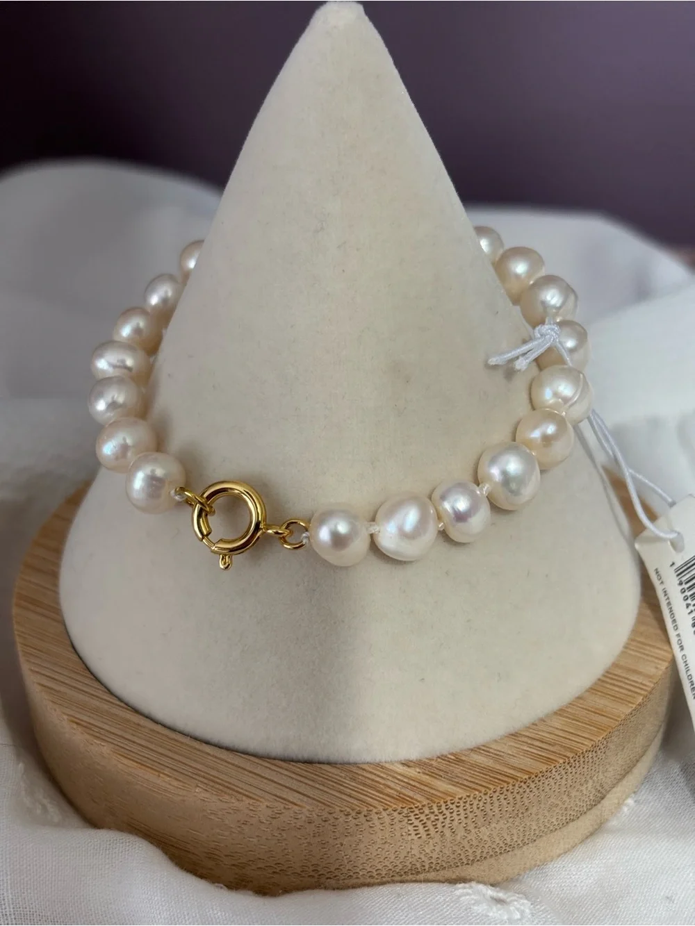 Tory Burch Cream Pearl Bracelet with Gold Logo Charm